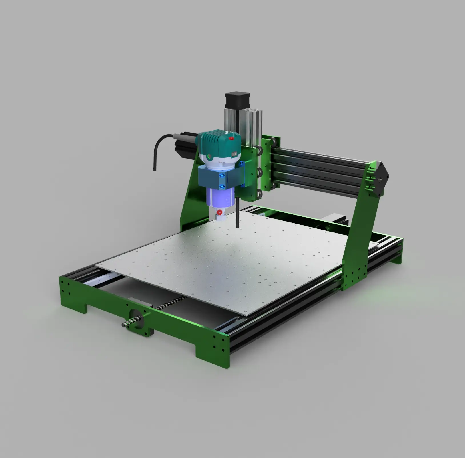 A CAD render of the CNC router: green frame plates, black extrusion rails, an aluminum bed and the trim router carried on the Z axis.